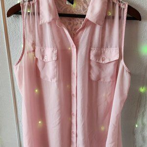 Torrid Sheer Light Pink Blouse with Collar Sz 1 Floral Lace at Back Button Up
